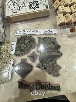 Lot of 49 SETS Stampin' Up, Tim Holtz (1) wooden rubber stamps most unused open