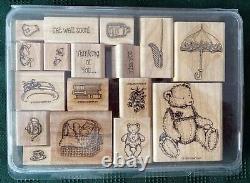 Stampin Up BOW BEAR RARE RETIRED Complete 17 Pc Wood Rubber Mounted Stamp Set