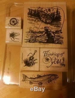 Stampin' Up Fly Fishing Set of 6 Stamps Retired 2002 Tackle Fish Pole