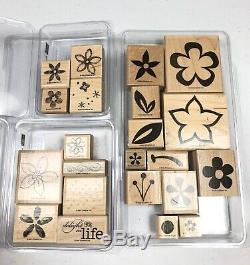 Stampin' Up! Huge Lot of 15 Retired Wood Mounted Rubber Block Stamp Sets Flowers