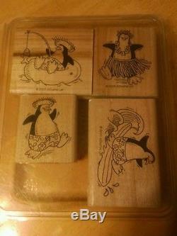 Stampin Up PENGUIN PARADISE 2000 Rubber Wooden Stamp Set Cute Hula Surfer Tropic