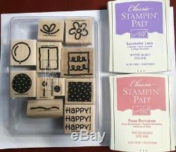 Stampin Up Rubber Stamp Set of 11 Happy Flower Bow Cake Ballon with 2 Ink Pads