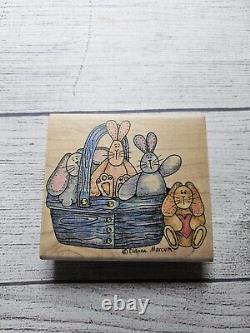 Vtg DIANNA MARCUM Wooden Rubber Stamp #G4253 Basket N' Bunnies Stampassions 1998